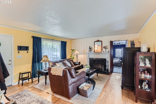 living room featuring light hardwood / wood-style flooring and a textured ceiling