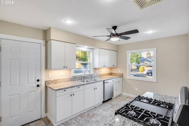 kitchen with a healthy amount of sunlight, sink, white cabinets, and stainless steel dishwasher