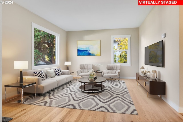 living area with baseboards, wood finished floors, and a wealth of natural light