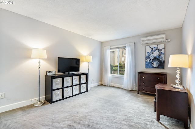 living area featuring a wall mounted air conditioner and light carpet