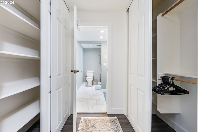 spacious closet with dark wood-type flooring