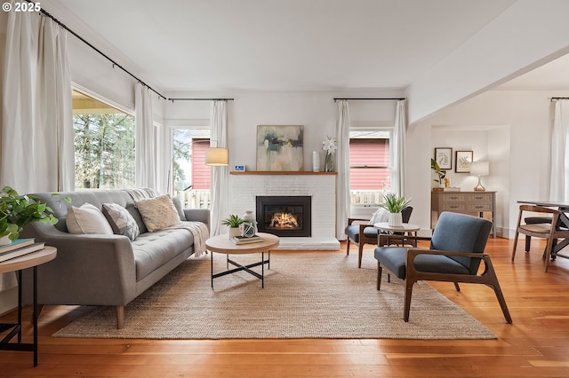 living room featuring a fireplace and wood finished floors