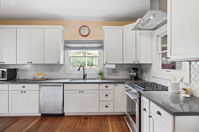 kitchen with appliances with stainless steel finishes, dark countertops, a sink, and extractor fan