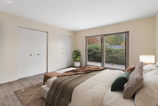 bedroom featuring multiple closets and carpet