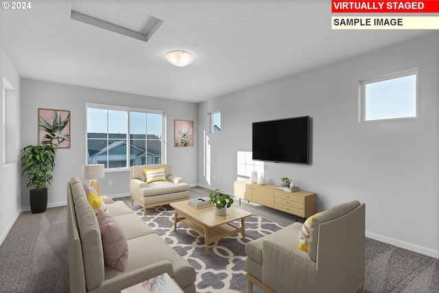 11383 NW 314th Ave, North Plains, OR 97133 - living room with healthy amount of natural light, carpet, attic access, and a textured ceiling