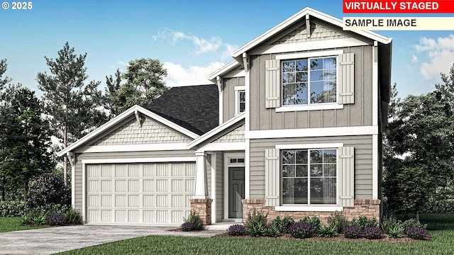 11383 NW 314th Ave, North Plains, OR 97133 - craftsman inspired home with a garage, driveway, a front yard, stone siding, and board and batten siding