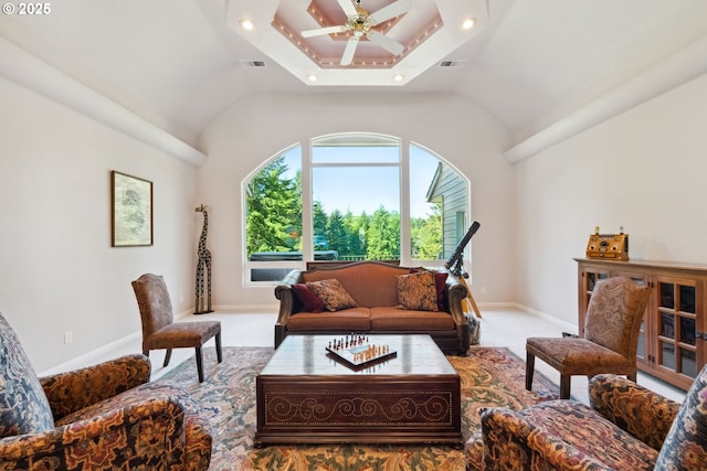 92631 Rainier Ln, Coos Bay, OR 97420 - living room featuring a ceiling fan, carpet flooring, vaulted ceiling, and recessed lighting