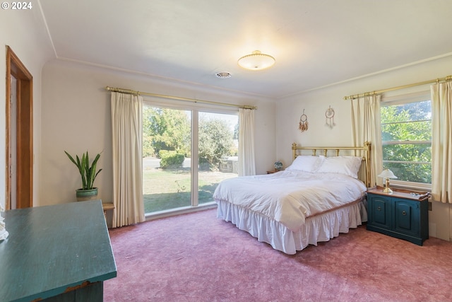 bedroom with carpet floors, ornamental molding, and multiple windows