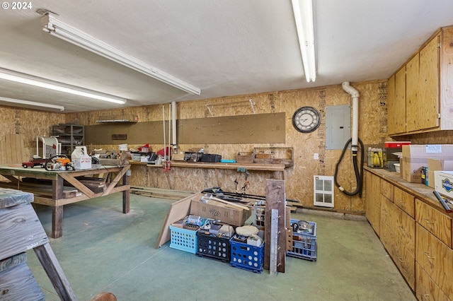 basement featuring electric panel and a workshop area