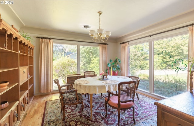 dining area with a notable chandelier, light hardwood / wood-style flooring, and a healthy amount of sunlight