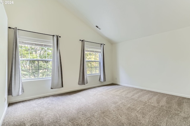 carpeted empty room with vaulted ceiling and a wealth of natural light