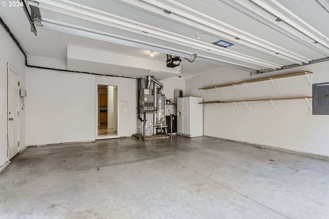 garage featuring white fridge with ice dispenser, a garage door opener, water heater, and electric panel