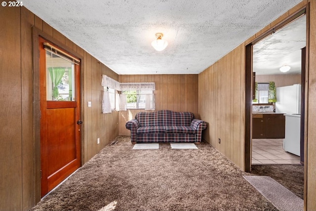 interior space featuring carpet, wooden walls, and a textured ceiling