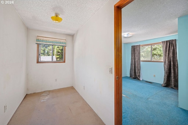 carpeted empty room featuring a textured ceiling