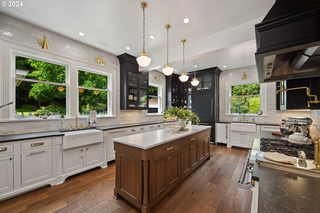 kitchen featuring white cabinets, dark hardwood / wood-style floors, tasteful backsplash, and sink