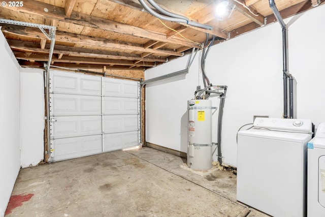 garage with secured water heater and independent washer and dryer