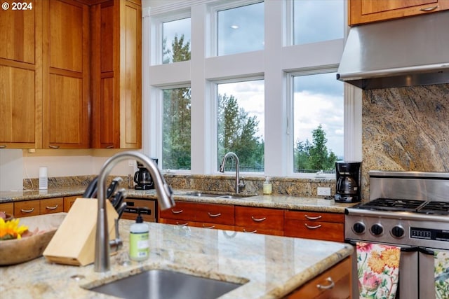 kitchen with light stone countertops, sink, a healthy amount of sunlight, and range hood