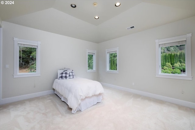 bedroom featuring light colored carpet and lofted ceiling