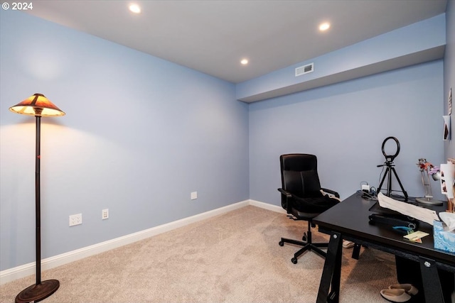 home office with light carpet