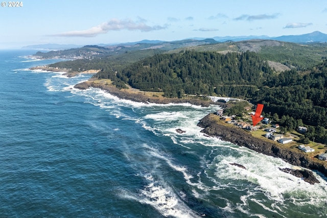 bird's eye view with a water and mountain view