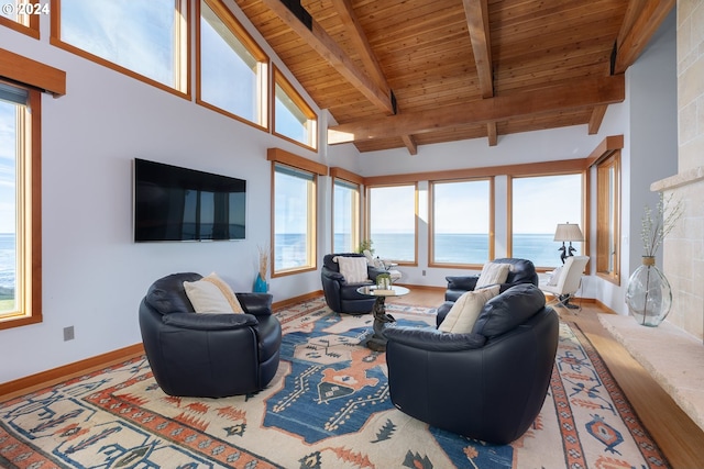 living room with beam ceiling, high vaulted ceiling, and wood ceiling