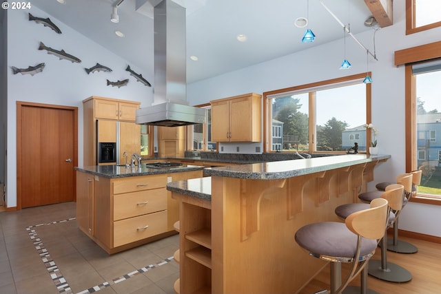 kitchen featuring a healthy amount of sunlight, island range hood, kitchen peninsula, and paneled fridge