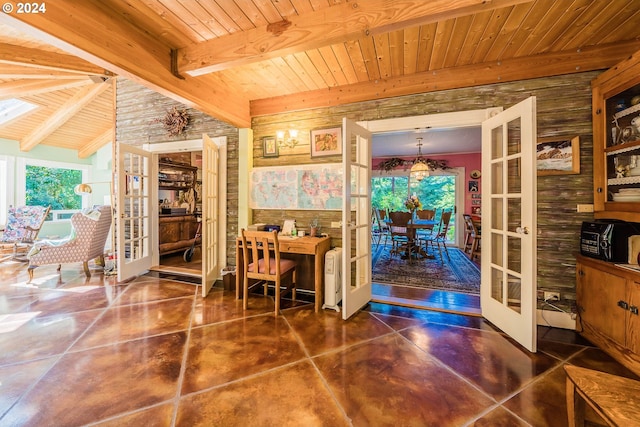 home office with french doors, vaulted ceiling with beams, and wooden ceiling