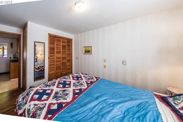 bedroom featuring hardwood / wood-style floors and a closet