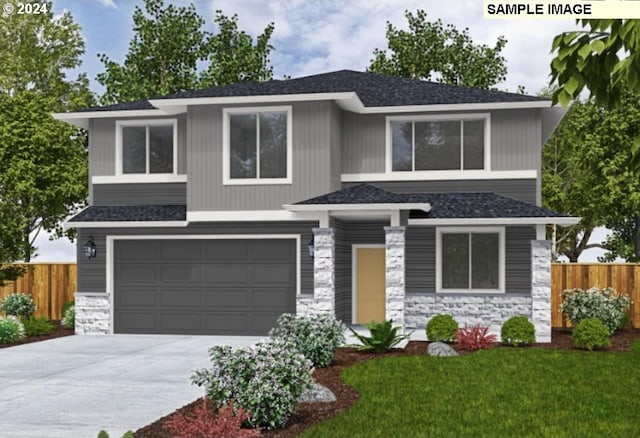 view of front facade featuring stone siding, a garage, and fence