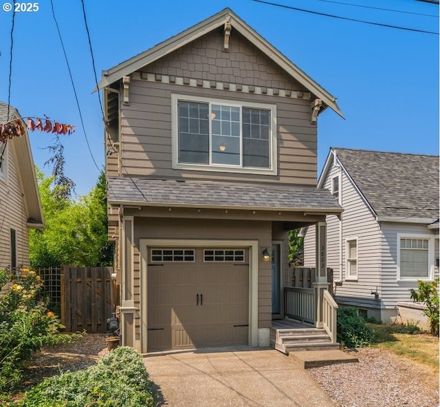 view of front facade featuring a garage, concrete driveway, a shingled roof, and fence