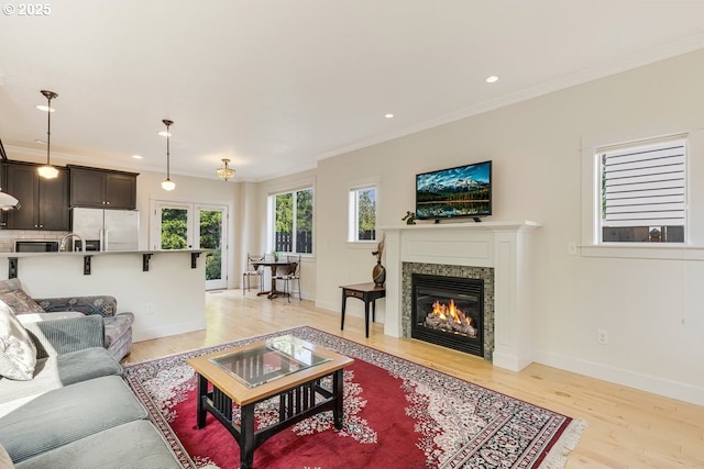 living room with light wood-style floors, baseboards, ornamental molding, and a glass covered fireplace