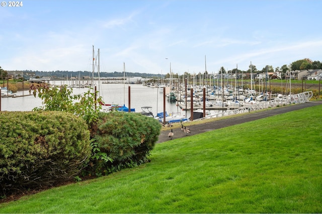 view of dock featuring a yard and a water view