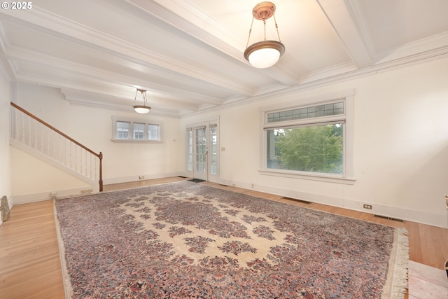 509 High St, Oregon City, OR 97045 - unfurnished living room featuring stairs, beamed ceiling, light wood finished floors, crown molding, and french doors