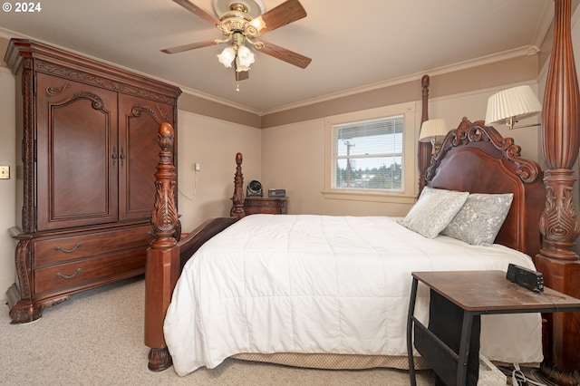 bedroom with light carpet, ceiling fan, and ornamental molding