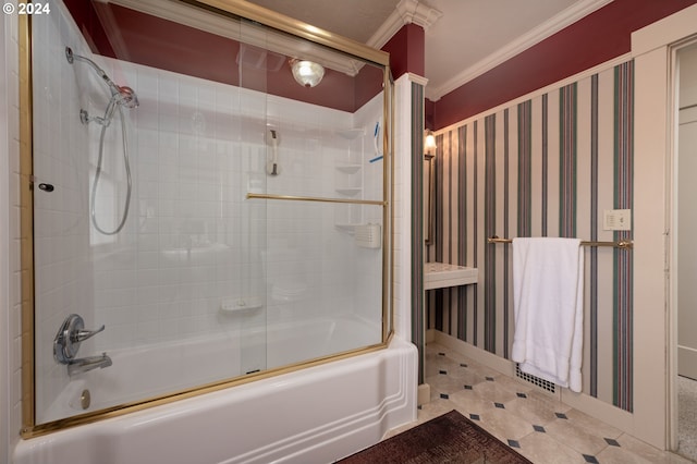 full bathroom with shower / bath combination with glass door and crown molding