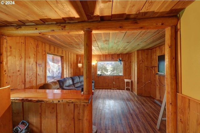 interior space with wooden walls, hardwood / wood-style floors, and wooden ceiling