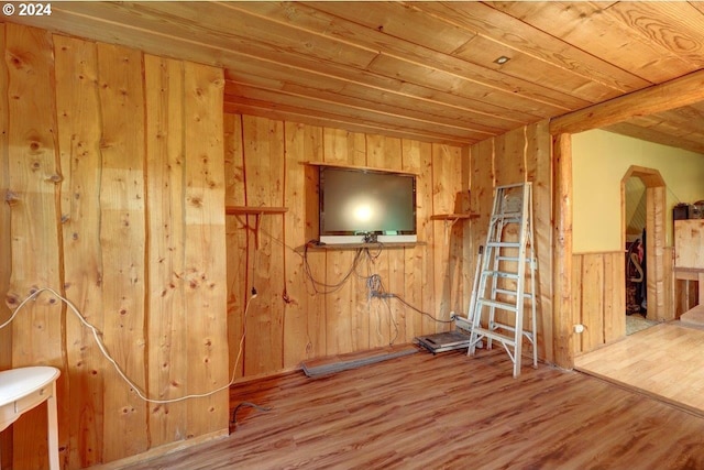 interior space featuring wood-type flooring, wooden ceiling, and wood walls