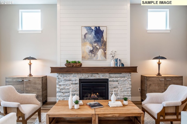 living area featuring hardwood / wood-style floors, a fireplace, and plenty of natural light