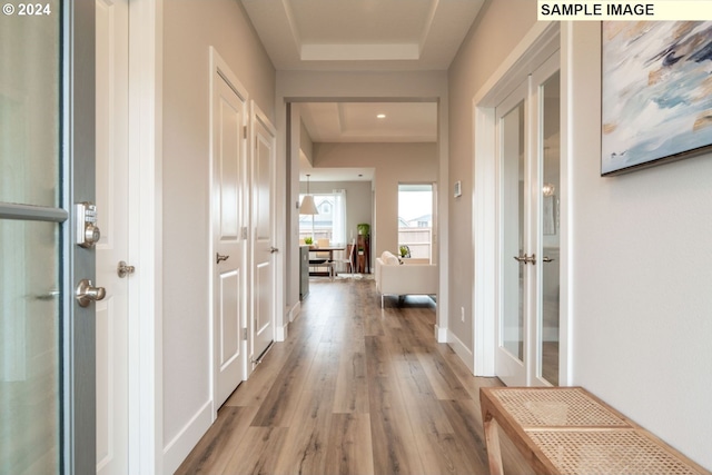 hall featuring light hardwood / wood-style floors and a raised ceiling