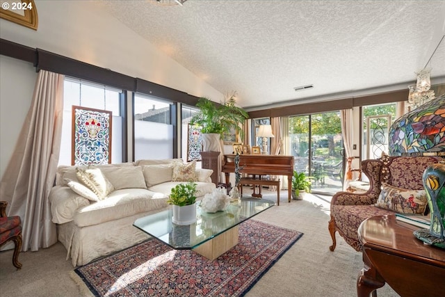 carpeted living room with lofted ceiling, a textured ceiling, and a healthy amount of sunlight