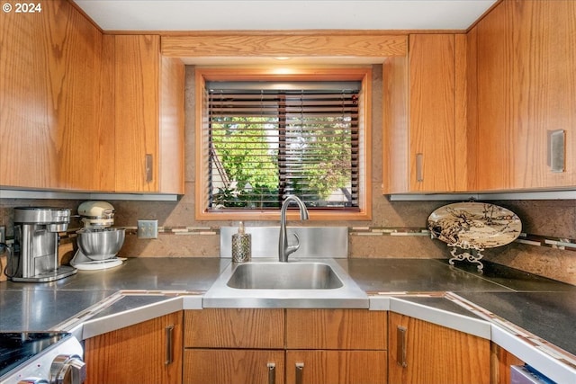 kitchen with sink, stainless steel range, and backsplash