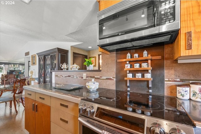 kitchen featuring vaulted ceiling, appliances with stainless steel finishes, a textured ceiling, and tasteful backsplash