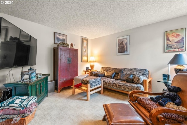 carpeted living room with a textured ceiling