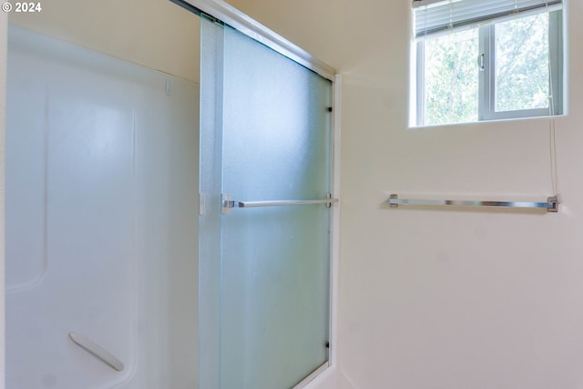 bathroom featuring a shower with shower door