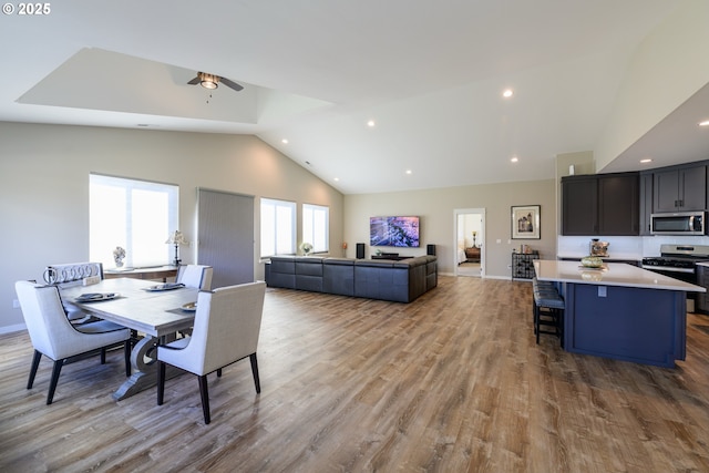 dining area featuring wood finished floors, baseboards, and high vaulted ceiling