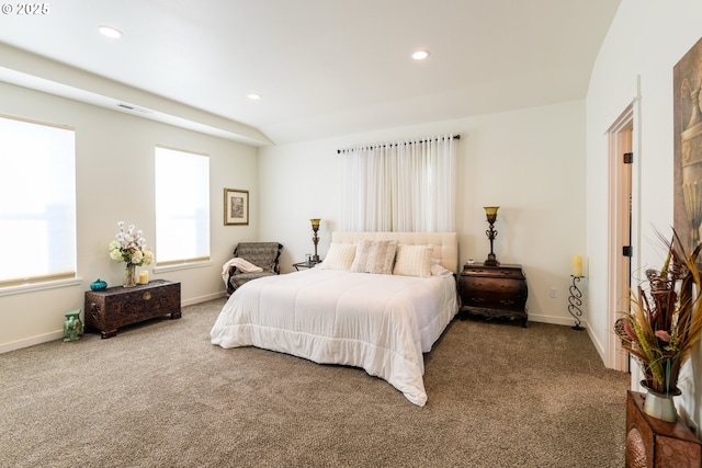 carpeted bedroom with recessed lighting and baseboards