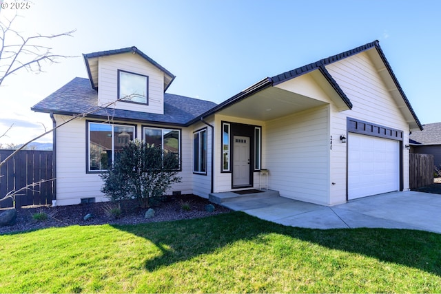 view of front of home featuring fence, an attached garage, a shingled roof, a front lawn, and crawl space