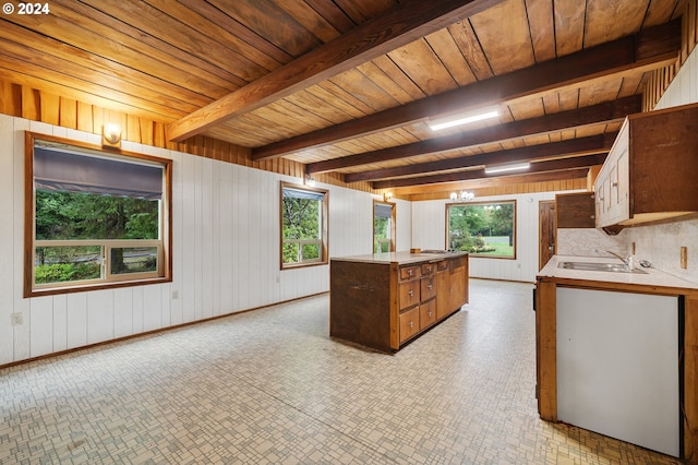 kitchen featuring beamed ceiling, wood walls, sink, and wooden ceiling