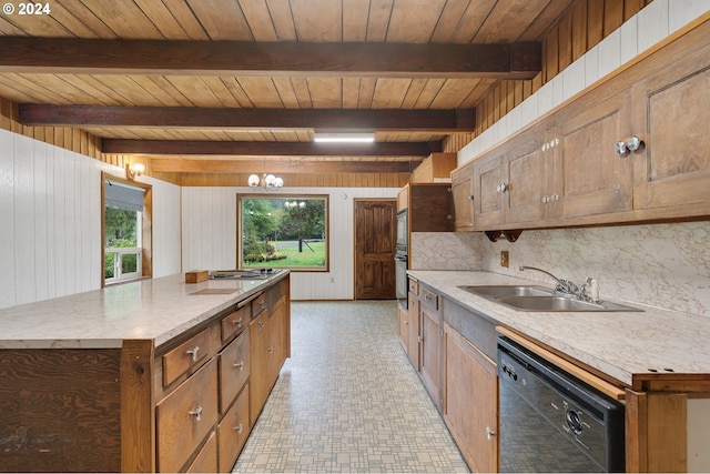 kitchen featuring black appliances, a center island, sink, wooden ceiling, and wood walls