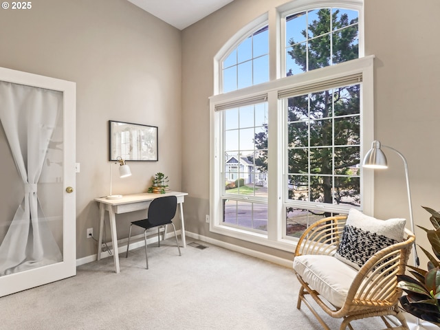 home office featuring a wealth of natural light and light carpet